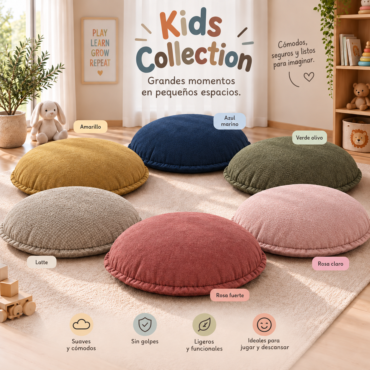 Kids Collection de Nido: amarillo, azul marino, verde olivo, latte, rosa fuerte y rosa claro